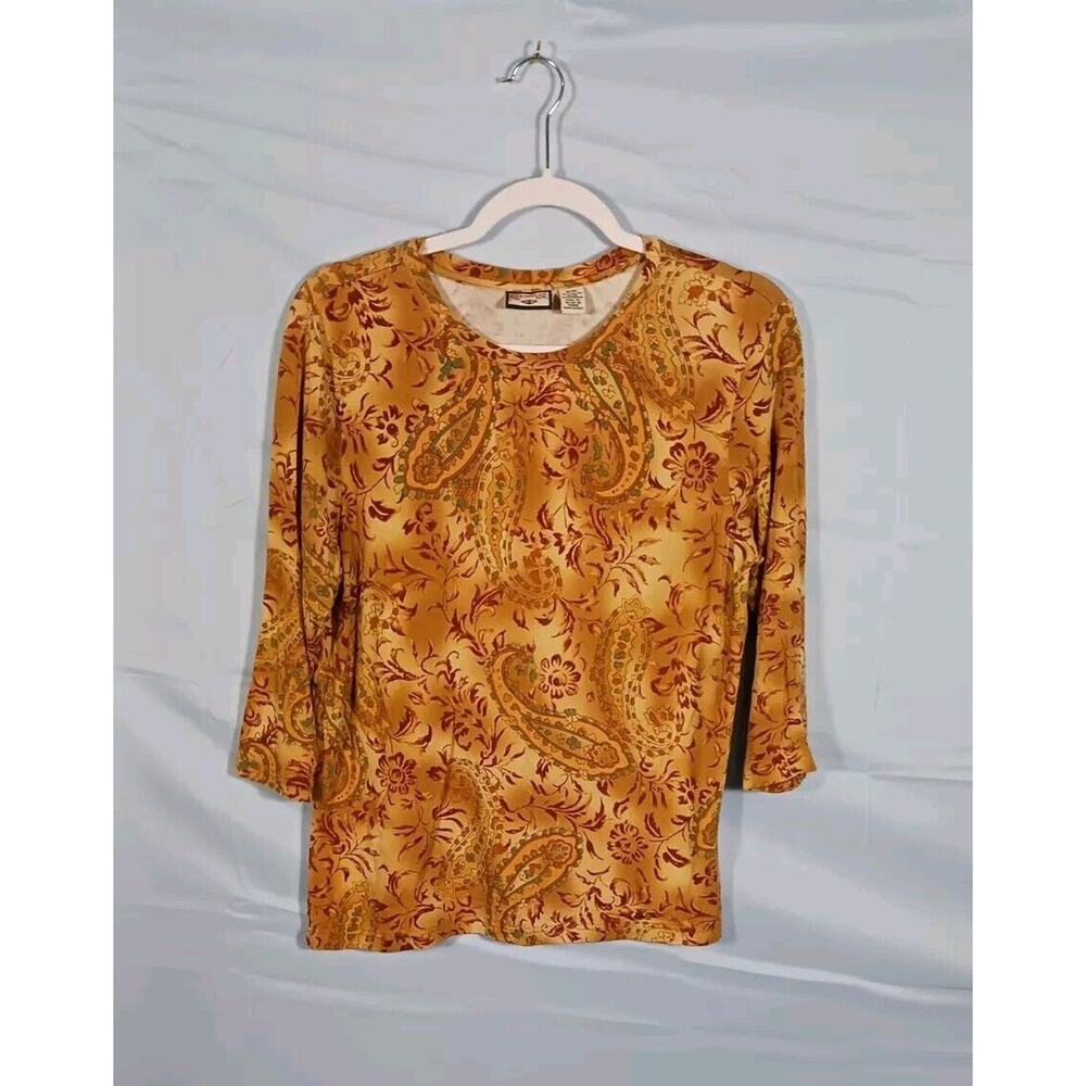 Caribbean Joe Top Women's Medium Gold Paisley Long Sleeve Boat Neck Shirt Rayon